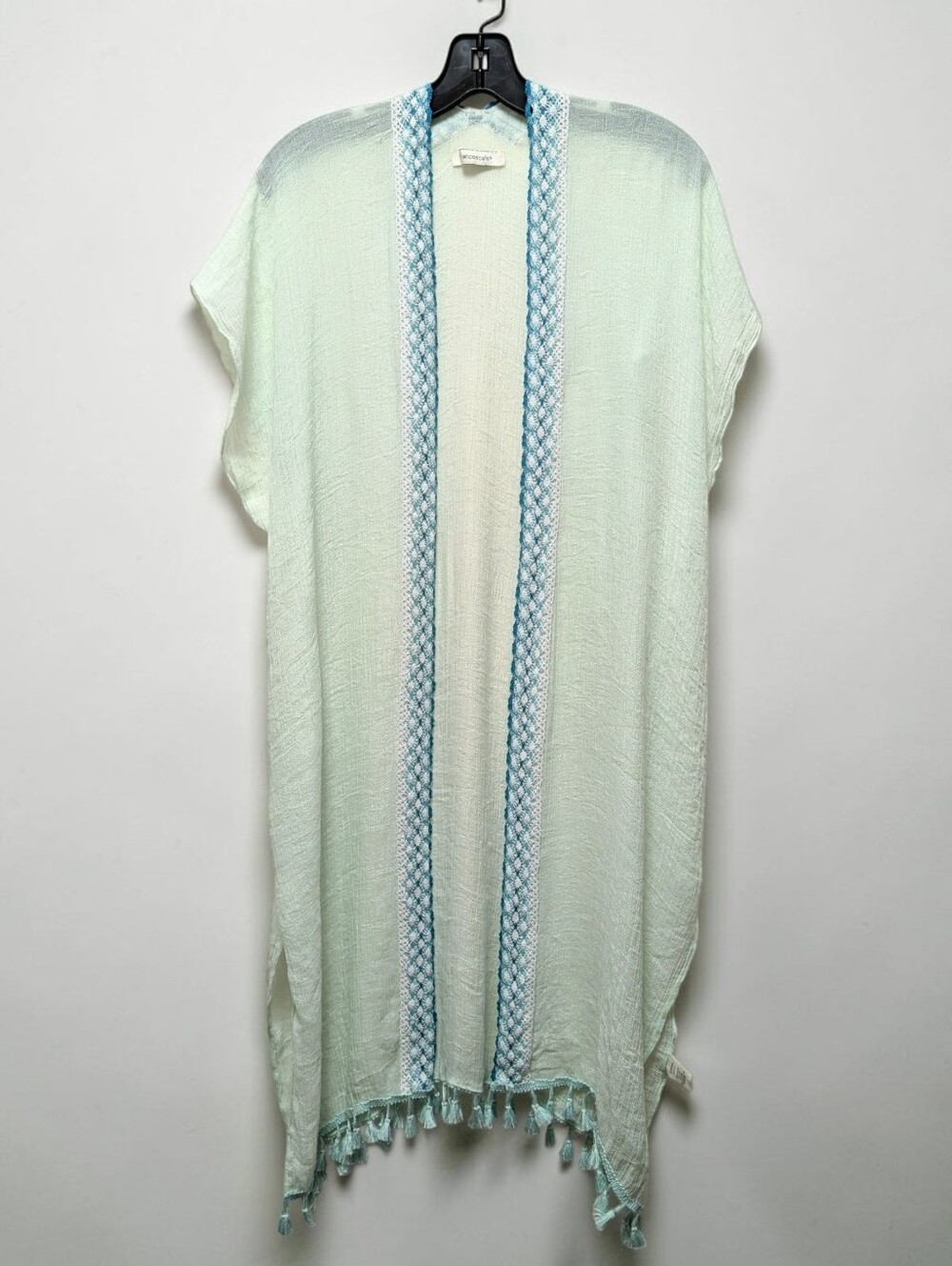 Francesca’s Mint Boho Tassel Kimono Cover Up Crochet Trim Lightweight Duster